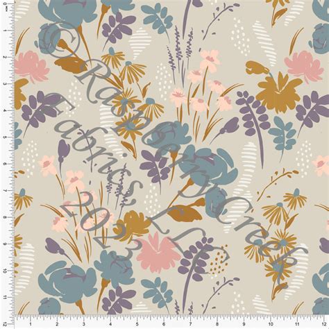 Tan Dusty Purple Mauve Dusty Blue And Deep Mustard Meadow Floral Print