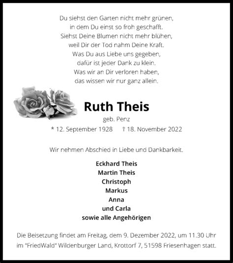 Traueranzeigen Von Ruth Theis Wirtrauern