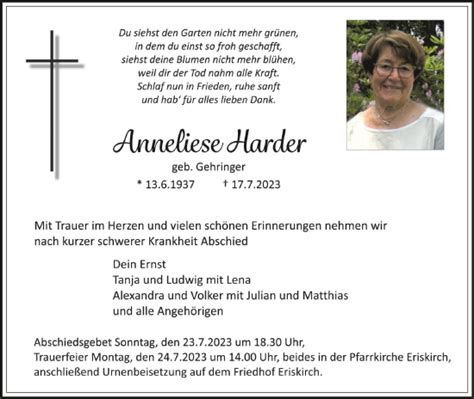 Traueranzeigen Von Anneliese Harder Schwaebische De Trauerportal