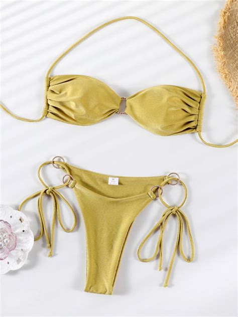 Nữ Màu Trơn Bikini Bộ Dây Đẩy Lên Đồ Tắm Sáng Bóng Băng Thông Đi Biển Eo Thấp Cô Gái Gợi Cảm