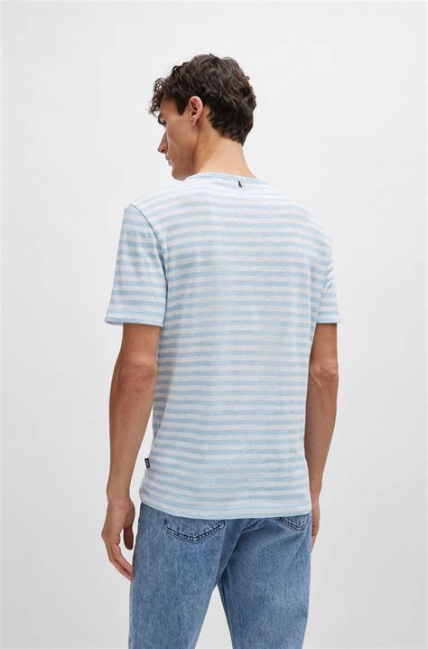 Boss Horizontal Stripe T Shirt In Cotton And Linen Light Blue