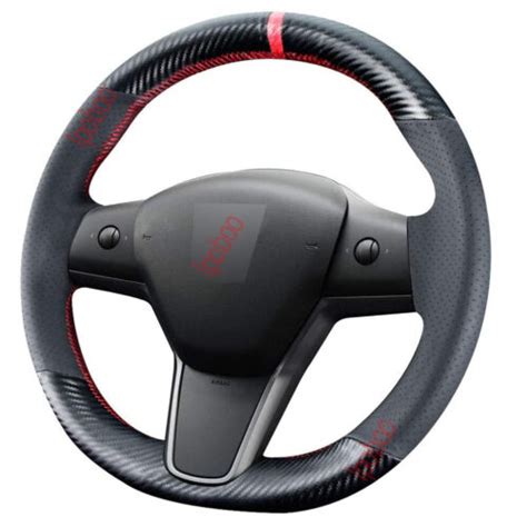 Black Leather Steering Wheel Red Stitch Wrap Cover For Tesla Model3