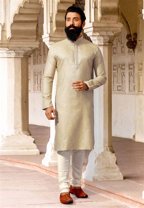 Cream Jacquard Readymade Kurta Pajama 206130 Indian Look Silk