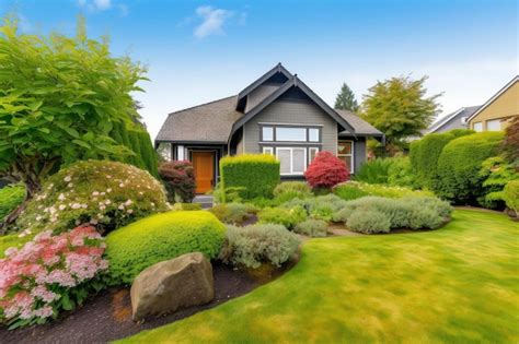 Premium AI Image Neatly Trimmed Front Lawn And Blooming Garden In