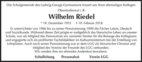 Traueranzeigen Von Wilhelm Riedel Vrm Trauer De