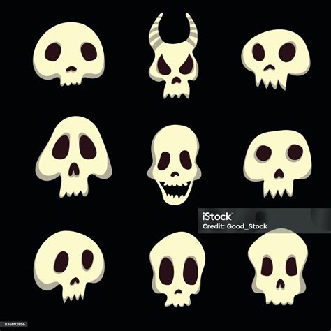 Set Of Human And Animal Skulls Vector Illustration Isolated On Black