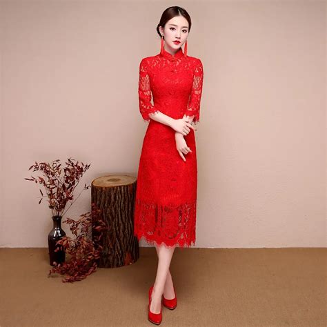 Shanghai Story Chinese Traditional Dress Lace Cheongsam Sleeve Red