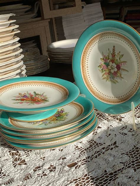 Antique Aqua Royal Worcester Botanical Dessert Set W Hand Painted