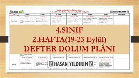 2022 2023 Eğitim Öğretim Yılı 4 Sınıf 2 Hafta 19 23 Eylül Defter