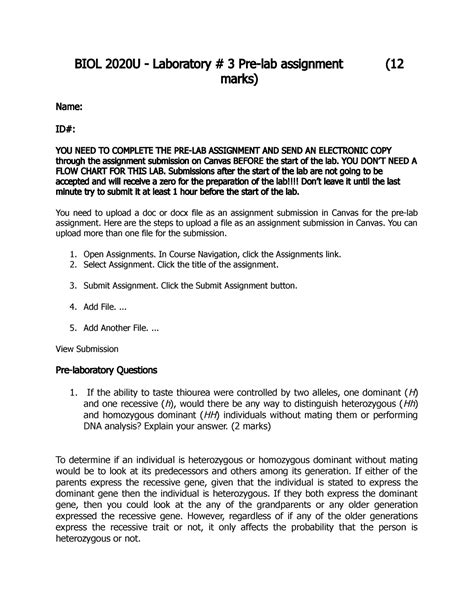 Genetics Prelab 3 Copy The Third Pre Lab Assignment BIOL 2020 U