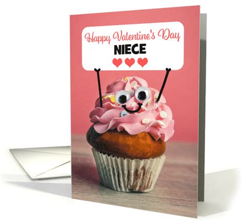 Happy Valentines Day Niece Cute Cupcake Holding Sign Humor Card