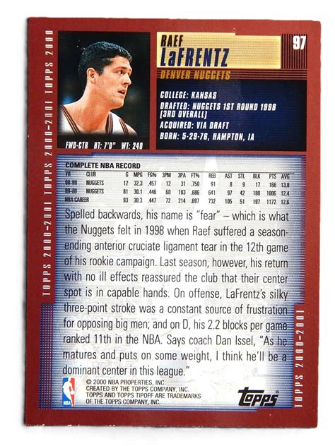 Raef LaFrentz 97 Topps 2000 Basketball Card Denver Nuggets LN EBay