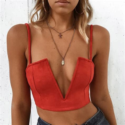 Women Sexy Backless Bandage Suede Crop Top Female Sexy Deep V Neck Off Shoulder Red Strap Slim