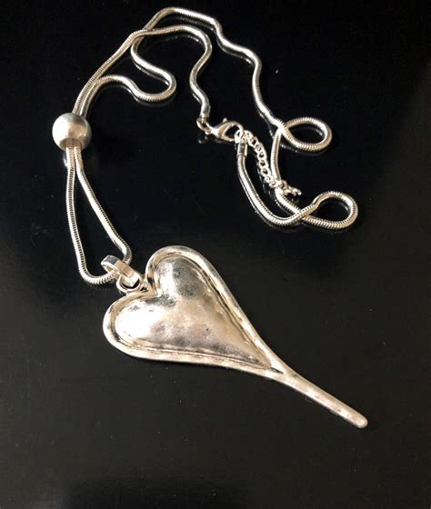 Boho Heart Necklace Large Silver Plated Hammered Necklace With Long Chain Heart Jewelry