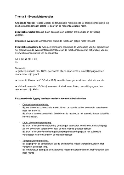 Samenvatting Chemie 5e Jaar Thema 2 Evenwichtsreacties Aflopende