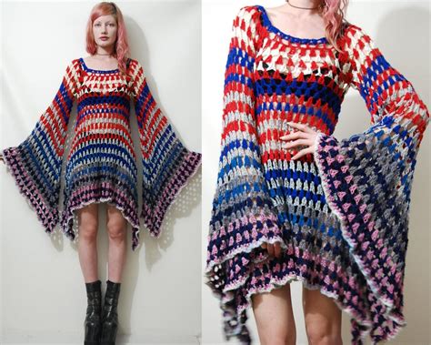 Crochet Dress Vintage Colourful Granny Square Bell By Cruxandcrow