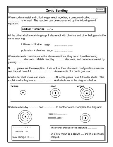 Ionic Bonding Worksheet With Answers Teaching Resources