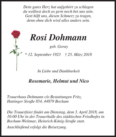 Traueranzeigen Von Rosi Dohmann Trauer In NRW De