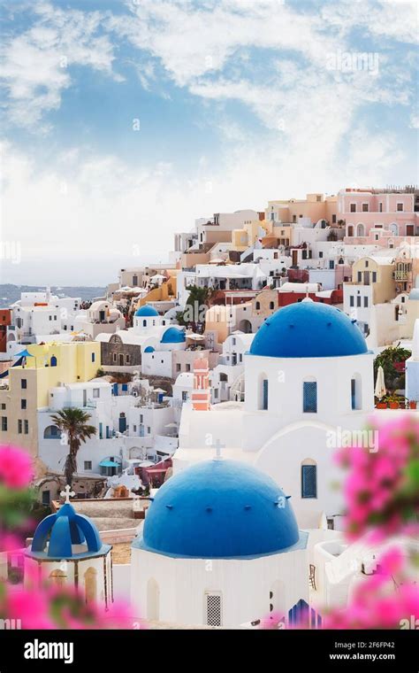 Santorini Blue Domes With Flowers In Foreground Greek Orthodox Church