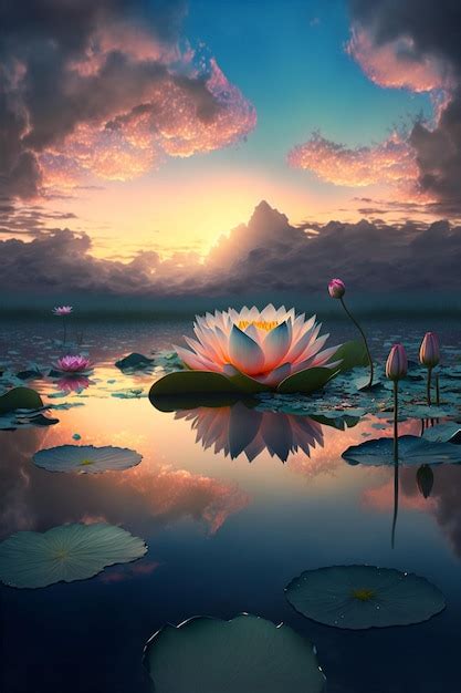 Premium Ai Image Lotus Flower Sitting On Top Of A Body Of Water