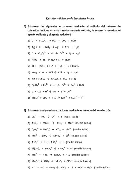 Quimica Ejercicios Balanceo De Ecuaciones Redox Pdf Redox