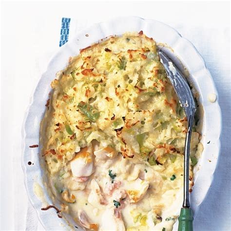 Fish Pie With Prawns And Cheesy Leek Mash Topping Recipe Delicious