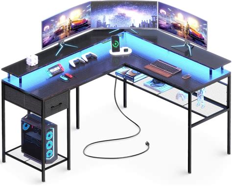 Huuger L Shaped Desk Gaming Desk With Led Lights And Power Outlets