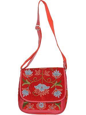 Red And Blue Shopper Bag From Kashmir With Aari Embroidered Flowers