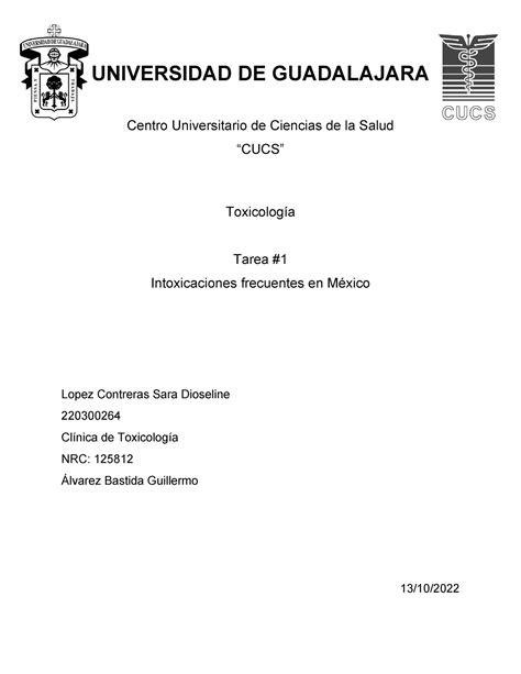 Toxico Tarea Universidad De Guadalajara Centro Universitario De