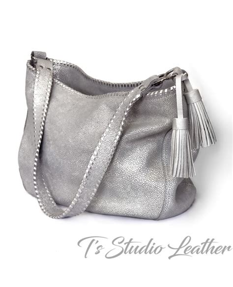 Silver Metallic Suede Leather Hobo Handbag