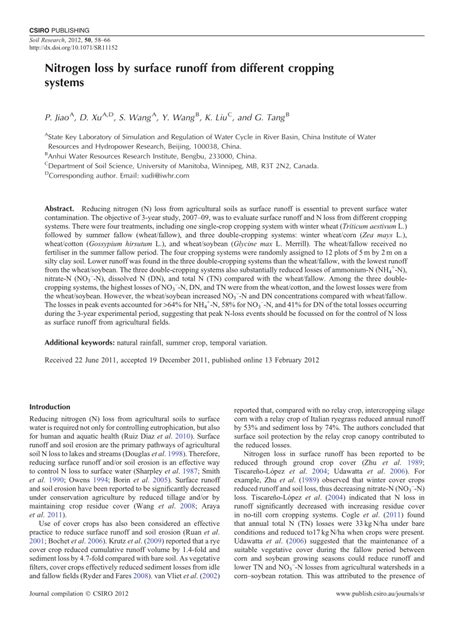 nitrogen loss  surface runoff   cropping systems