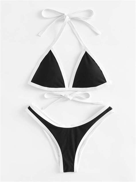 Shein Contrast Piping High Leg Bikini Set Kourtney Kardashian Black