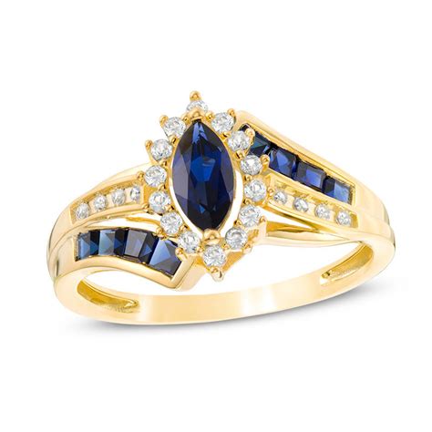 Marquise Blue Sapphire And 1 6 CT T W Diamond Double Row Bypass Ring