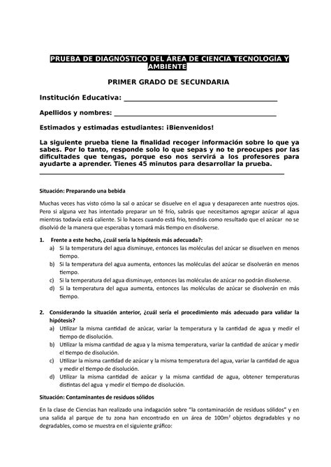 1ro secundaria Prueba CTA PRUEBA DE DIAGNÓSTICO DEL ÁREA DE CIENCIA