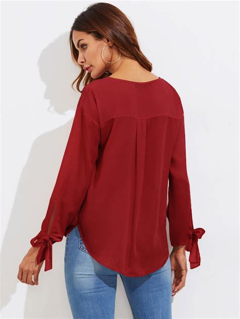 Bowed Cuff Curved Hem Surplice Wrap Blouse Fashion Clothes For Women