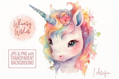 Rainbow Watercolor Unicorn Portrait Graphic By Whimsyandwishes