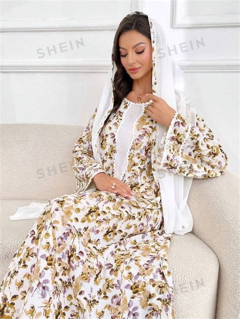 Shein Najma Women Floral Print Long Sleeve Arabic Dress Shein Uk