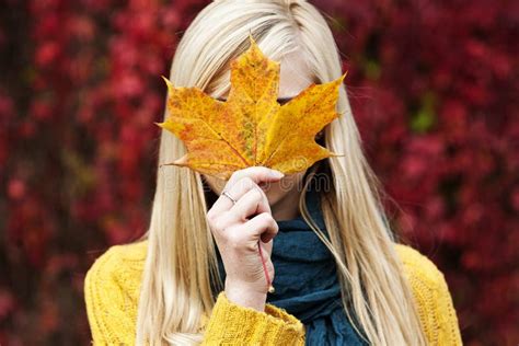 Mooie Blonde Jonge Vrouw De Herfstportret Stock Foto Image Of Achtergrond Oktober