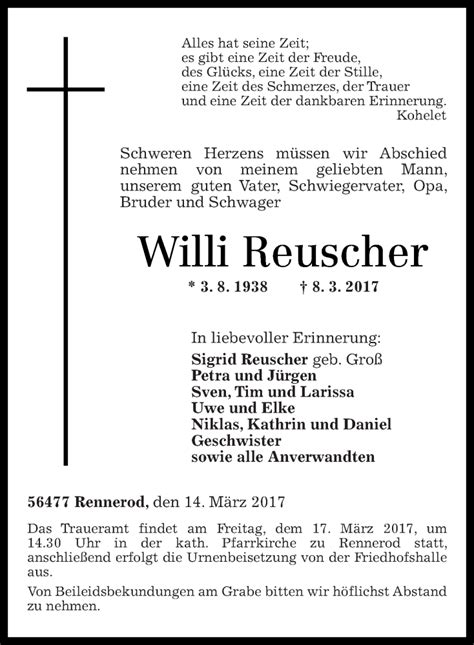 Traueranzeigen Von Willi Reuscher Rz Trauer De