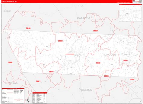 Lincoln County Nc Zip Code Wall Map Red Line Style By Marketmaps Mapsales