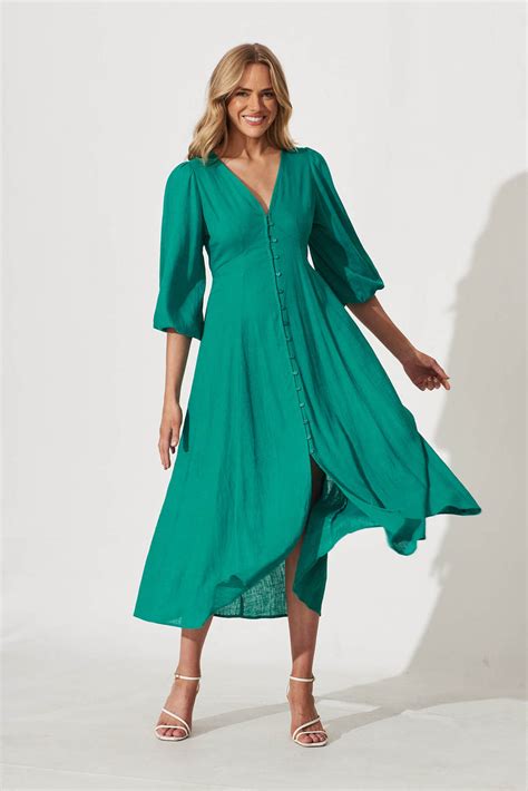 Mercy Midi Dress In Teal Linen Blend St Frock