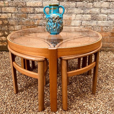 Mid Century Nathan Trinity Round Glass Retro Teak Coffee Table Nest Of