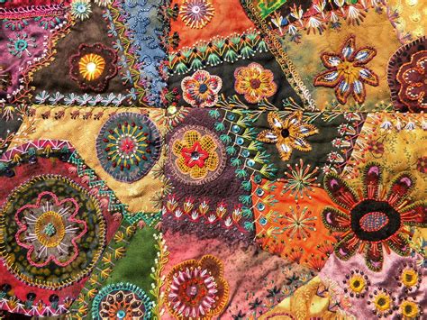 Crazy Quilt Embroidery Circles Flowers Beads Beading Detail Quilts