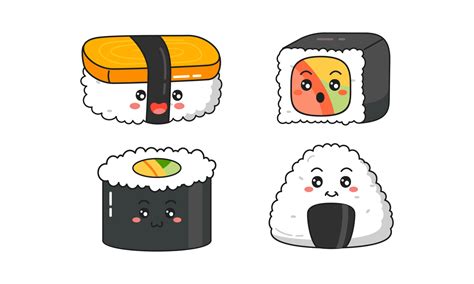 Various Kawaii Sushi Rolls Nigiri Japanese Cartoon Style