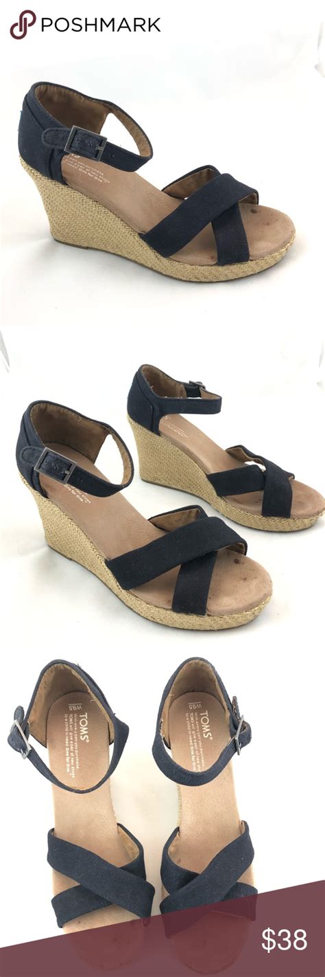 Toms Black Canvas Wedge Sandals 95 Peep Toe Espadrilles Womens