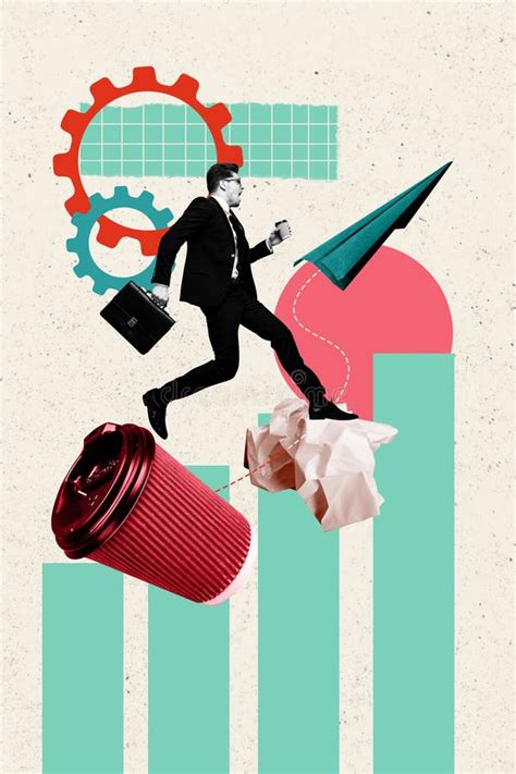 Vertical Creative Collage Picture Young Businessman Run Hurry Hold