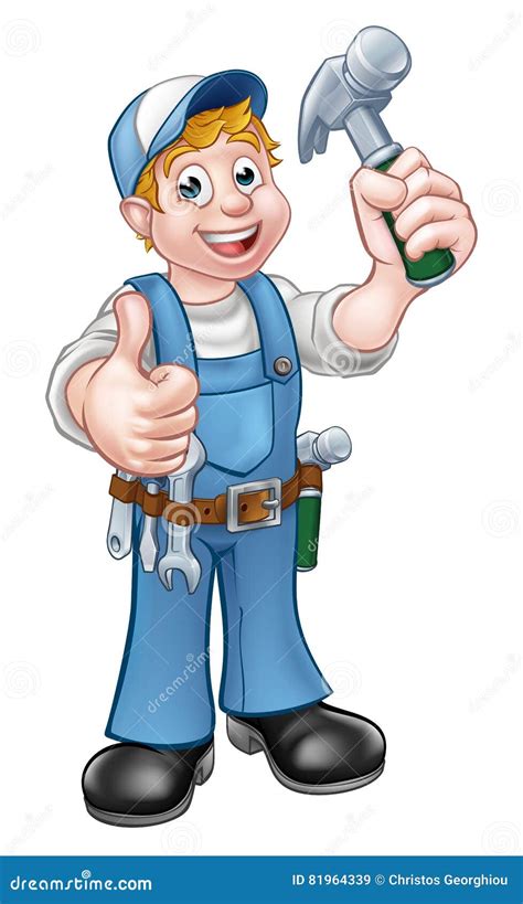 Cartoon Carpenter Handyman Holding Hammer Stock Vector Illustration