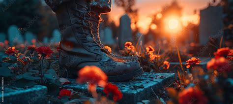 Memorial Day Tribute With Military Boots And Rifles Placed Next To