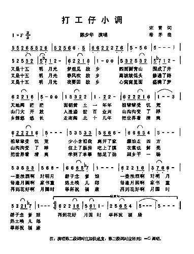 打工仔小调简谱 陈少华演唱 宋青希茅词曲 简谱网