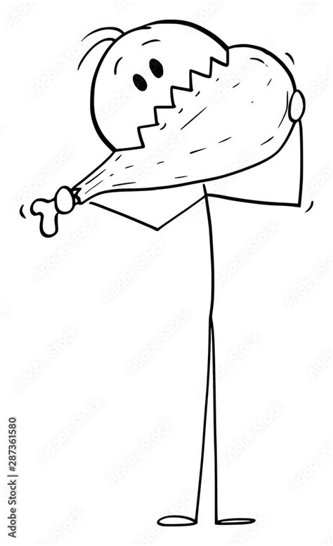 Vector Cartoon Stick Figure Drawing Conceptual Illustration Of Man Eating Pork Ham Meat Concept